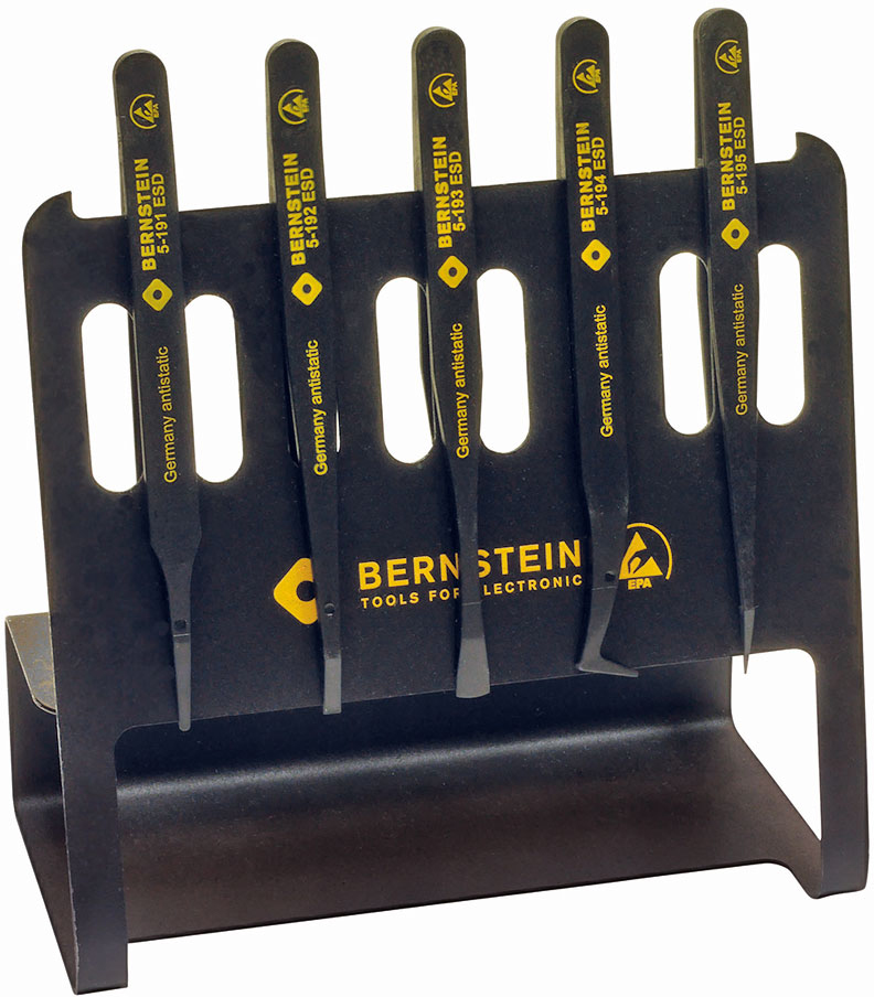 Anti-Static-5-piece-set-ESD-plastic-Anti-Static-ESD-tweezers-arranged-on-ESD-tool-holder-part-5-090-V-b00-esd-pinzetten-kunststoff-staender-set-tweezers-plastic-holder