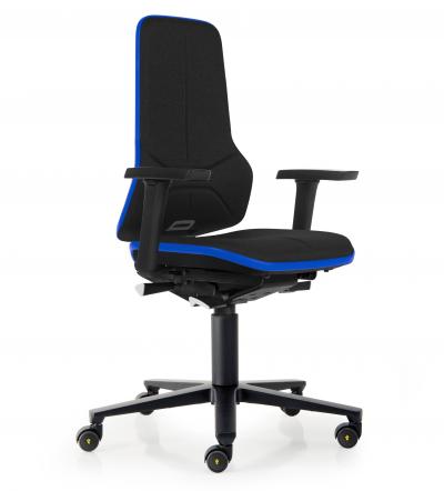 ESD Workplace Chair NEON 2 Multifunction Armrests ESD Work Chair Permanent Contact Backrest Duotec ESD Fabric Black Flex Strip Blue Soft Castors Bimos Workplace Chairs Interstuhl