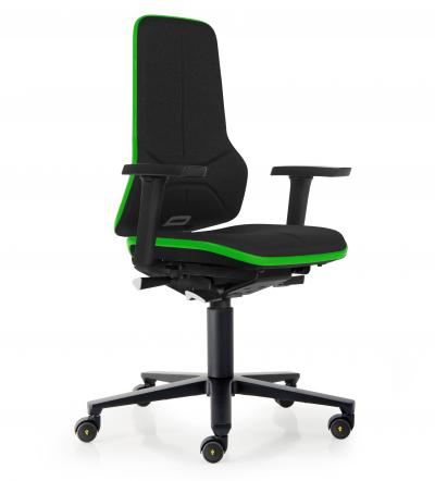ESD Workplace Chair NEON 2 Multifunction Armrests ESD Work Chair Permanent Contact Backrest Duotec ESD Fabric Black Flex Strip Green Soft Castors Bimos Workplace Chairs Interstuhl
