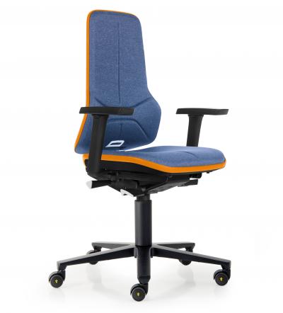 ESD Workplace Chair NEON 2 Multifunction Armrests ESD Work Chair Permanent Contact Backrest Duotec ESD Fabric Blue Flex Strip Orange Soft Castors Bimos Workplace Chairs Interstuhl