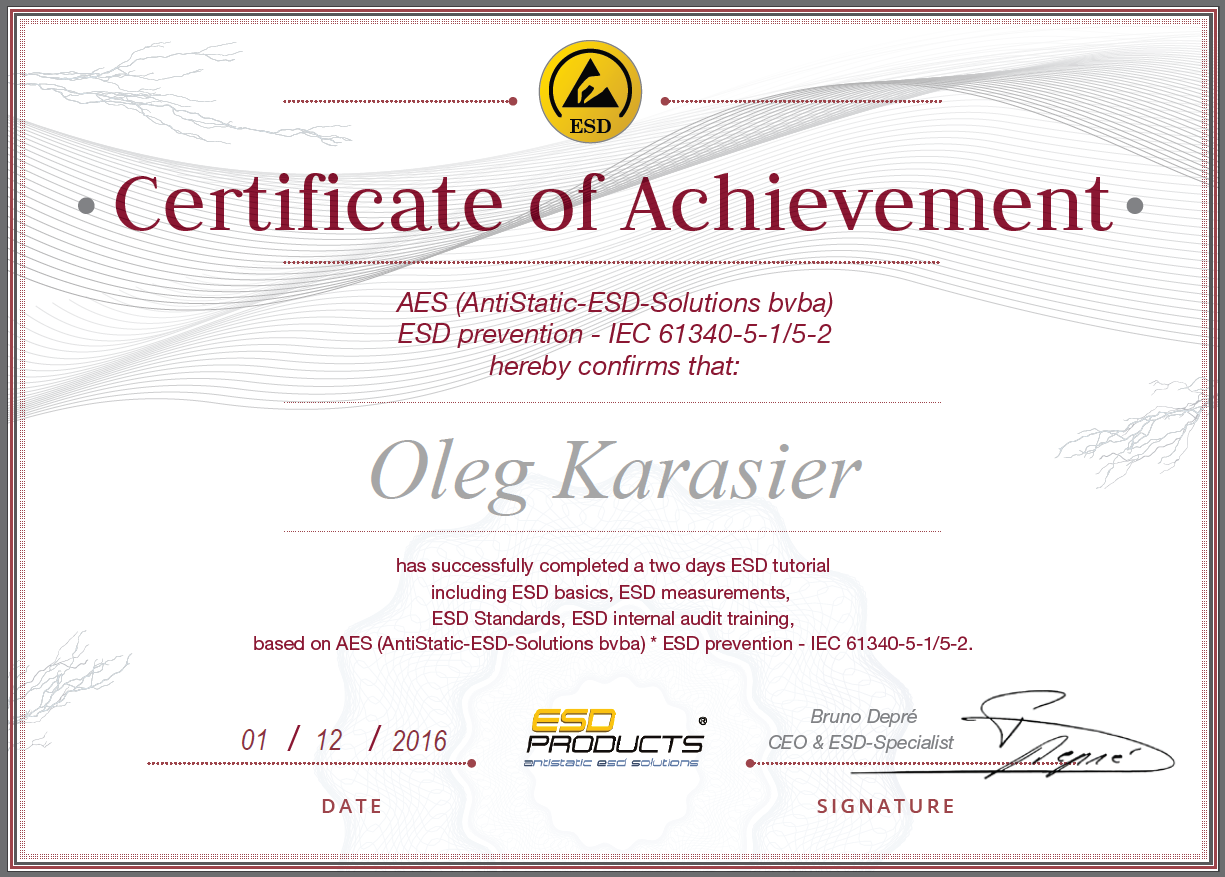 ESD Certificate ESD Training AES AntiStatic esd solutions 2017 bruno depre