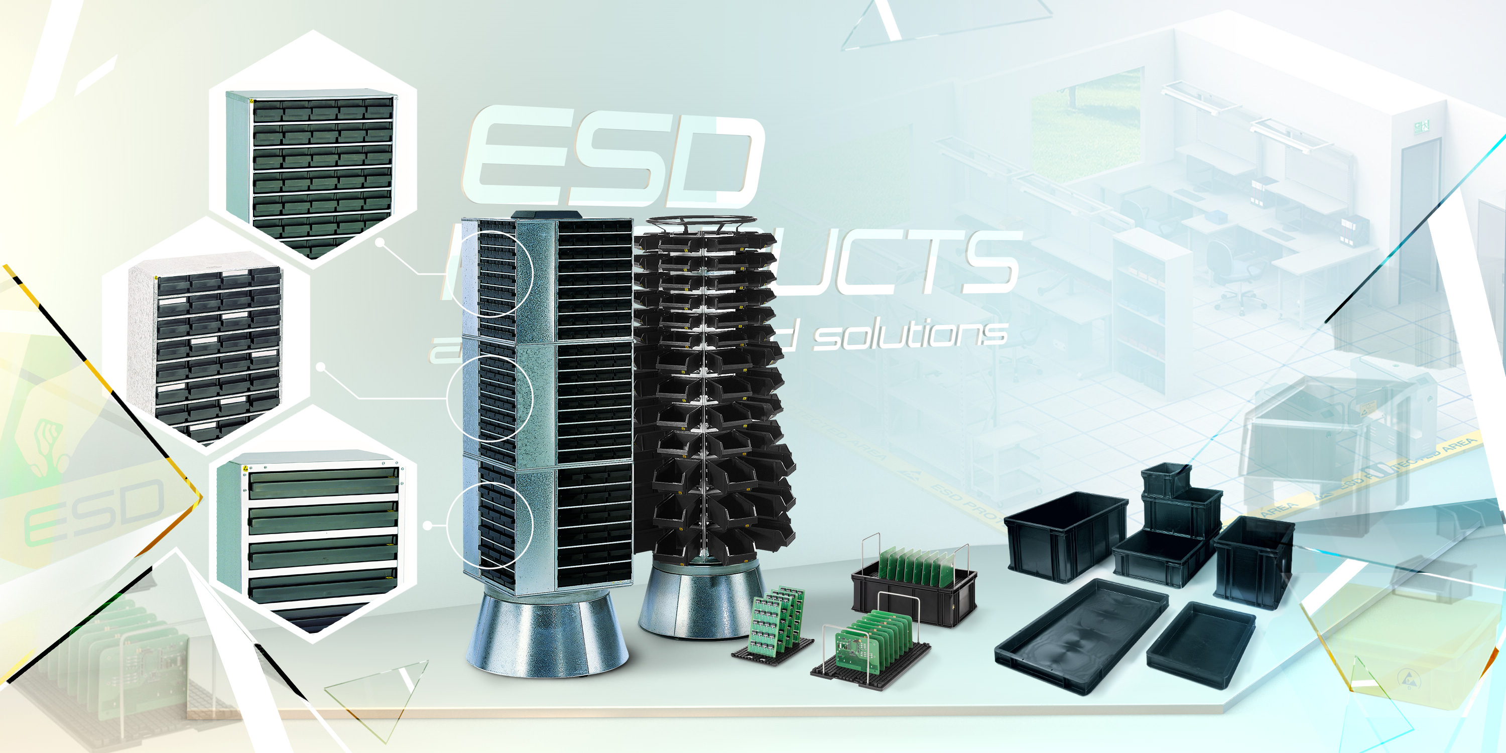 ESD Conductive Container Boxes Antistatic Bin Racks Bin Containers Carousels Cases Dividers Separators Drawers Inserts Sorting Tray